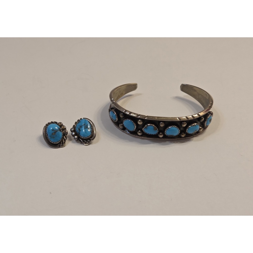 Vintage 1980s Navajo Helen Long Sterling & Turquoise Cuff Bracelet & Earrings HL